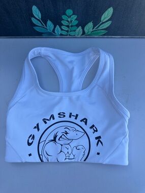 Gymshark White Racerback Sports Bra with Black Logo Shark Graphic